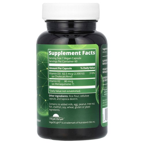 MRM Nutrition, веганские витамины D3 и K2, 62,5 мкг (2500 МЕ), 60 веганских капсул