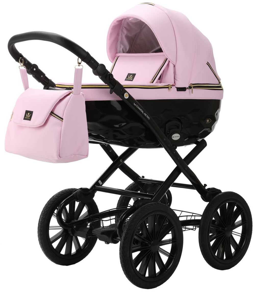 Детская коляска Adamex Chantal Retro Deluxe 3 в 1 C132B (РОЗОВ.ЗЕФИР 100% КОЖА-ЗОЛОТО.МОЛНИИ)