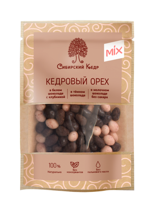 Ядро кедрового ореха в шоколаде ассорти / без сахара / 60 г / дой-пак / ТМ Сибирский кедр
