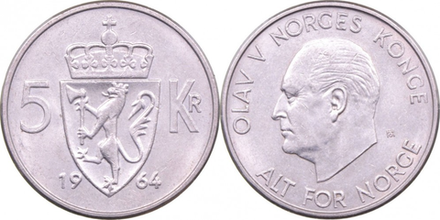 Норвегия 5 крон, 1963 - 1973 Король Улаф V XF