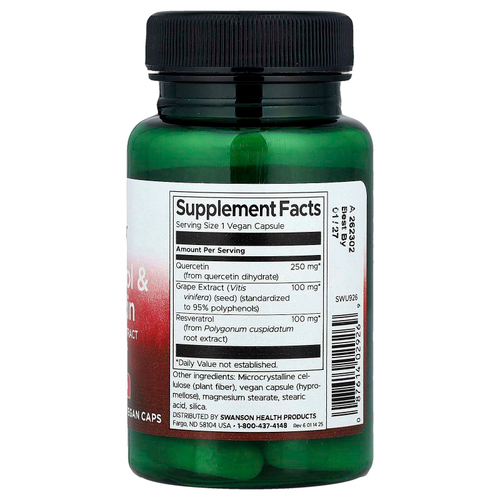 Swanson, ресвератрол и кверцетин с экстрактом виноградных косточек, 30 растительных капсул