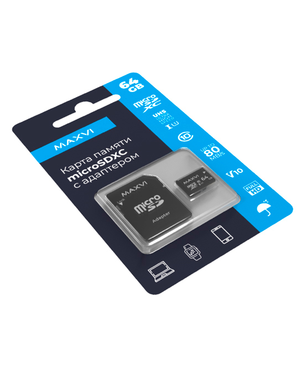 Карта памяти Maxvi microSDXC 64GB, class 10, UHS-I (1), V10 (MSD64GBC10V10)