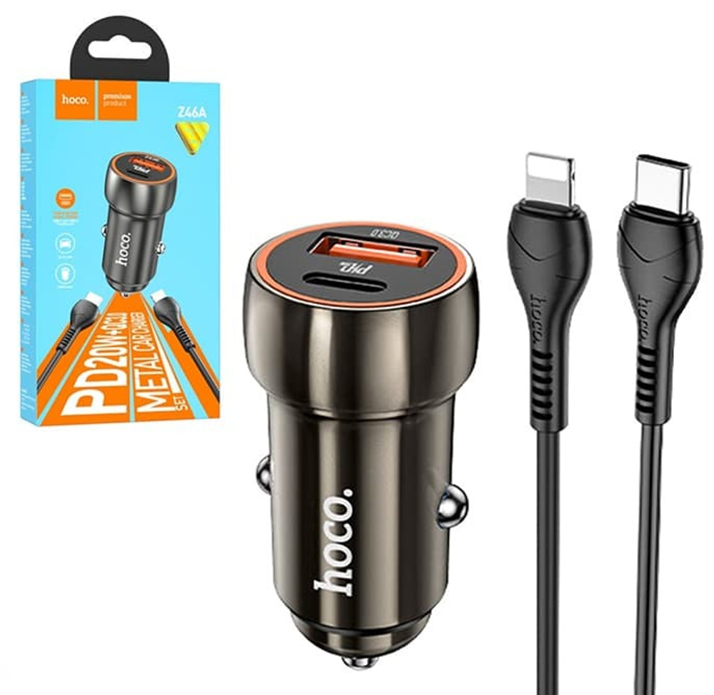 Автомобильный адаптер питания HOCO Z46A PD 20W + QC 3.0 + кабель Lightning-Type-C (черный)