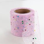 Лента (5,5 см*13,72 м) Фатин с блестками и пайетками, Розовый, 1 шт.