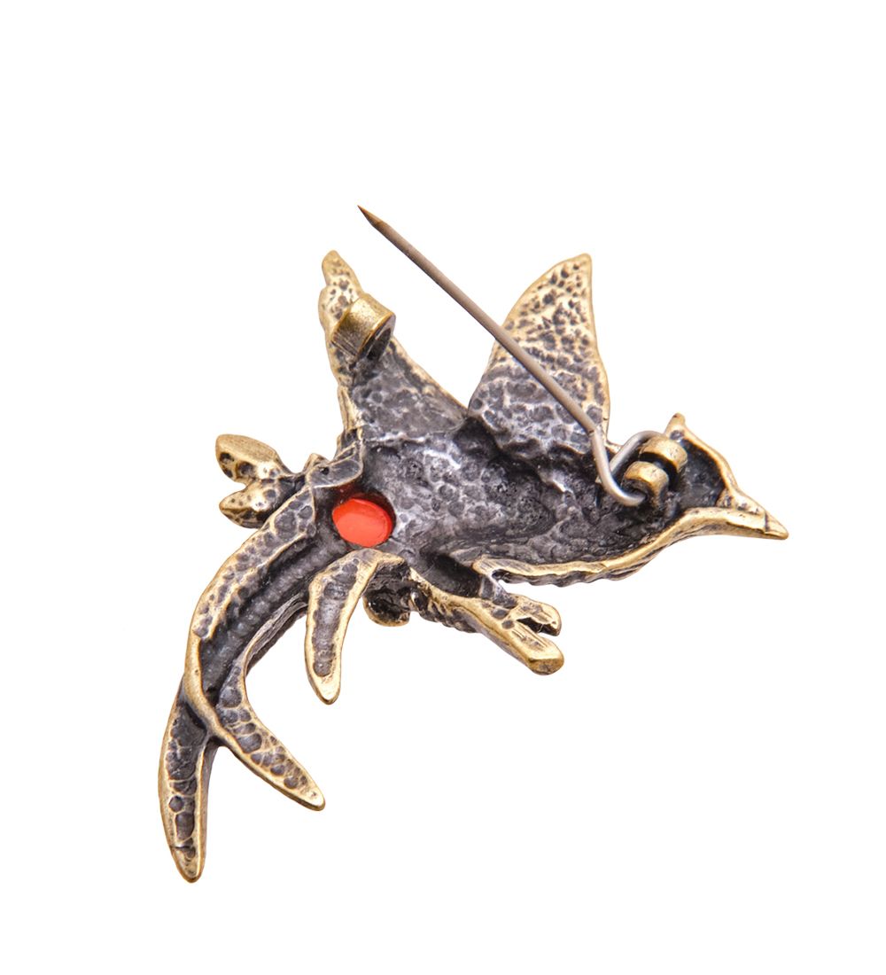 AM-3488 Брошь «Птица Дронго» (латунь, янтарь)