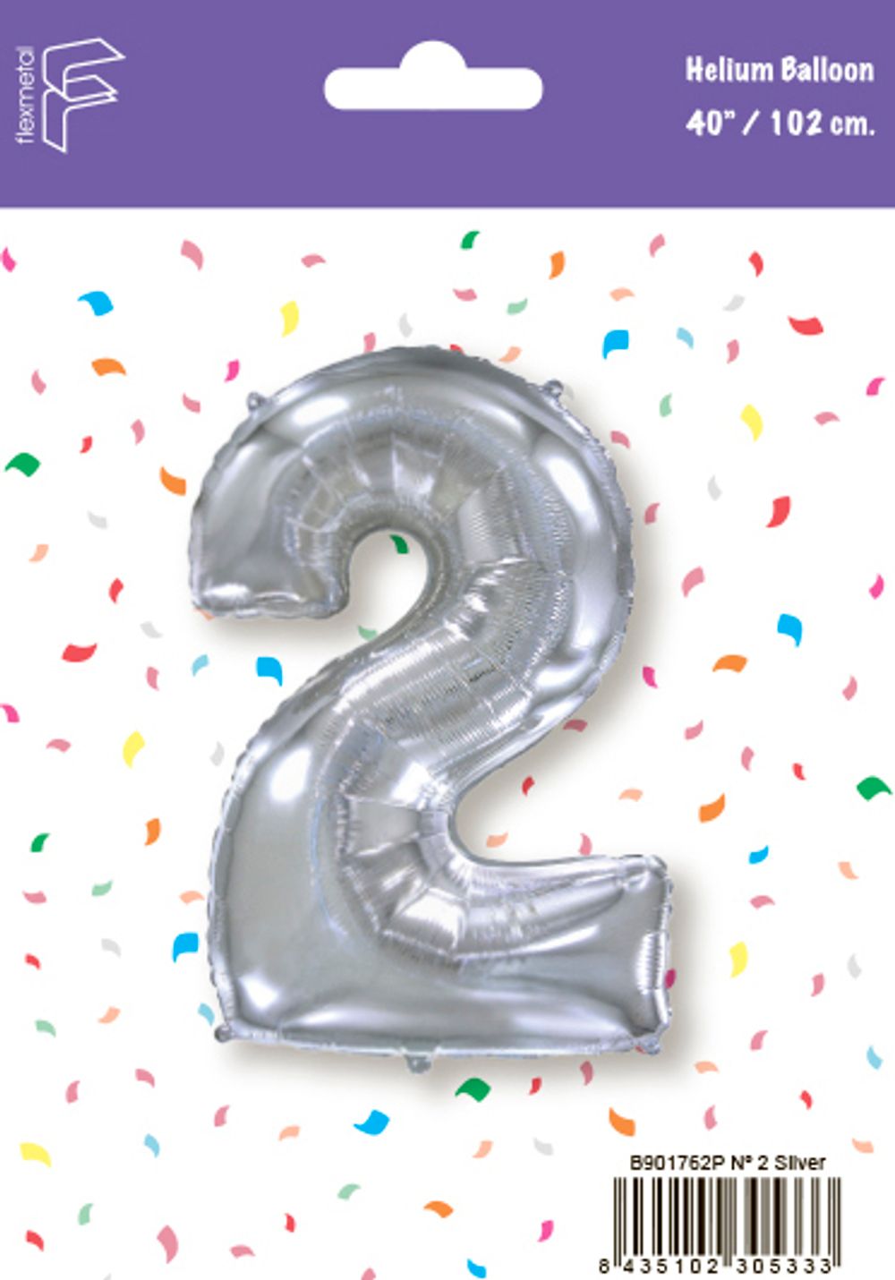 Шар (40''/102 см) Цифра, 2, Серебро, 1 шт. в уп.