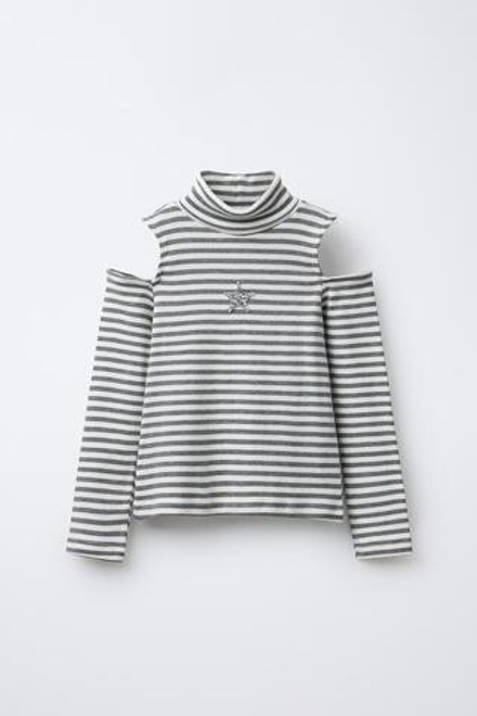 ZARA ФУТБОЛКА С ВОРОТНИКОМ-СТОЙКОЙ И ВЫРЕЗАМИ, ПОЛОСКИ