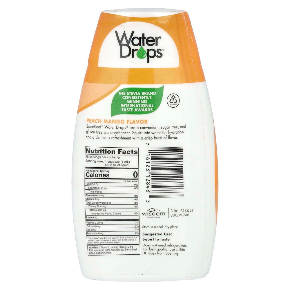 SweetLeaf Stevia, Water Drops®, вкусная стевия, усилитель воды, персик и манго, 48 мл (1,62 жидк. Унции)