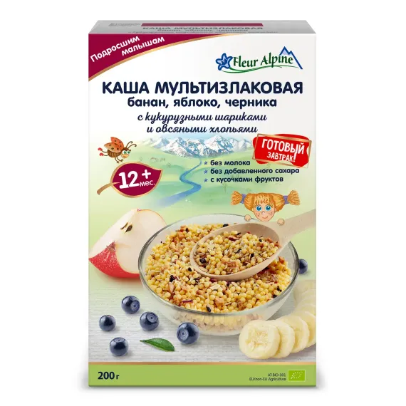Каша Fleur Alpine мультизлаковая банан-яблоко-черника с кукурузными шариками и овсяными хлопьями 200г с 12месяцев