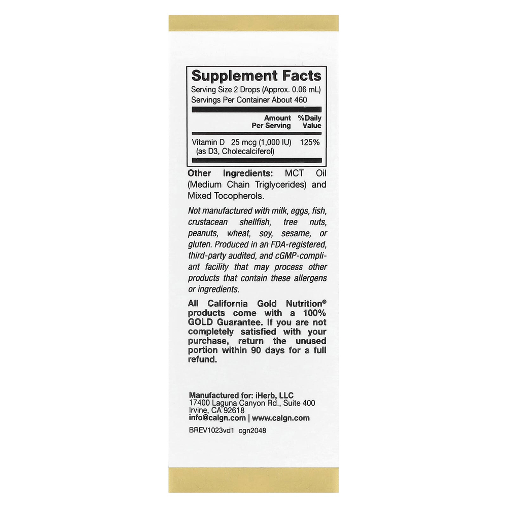 California Gold Nutrition, витамин D3, 25 мкг (1000 МЕ), 30 мл (1 жидк. унция)