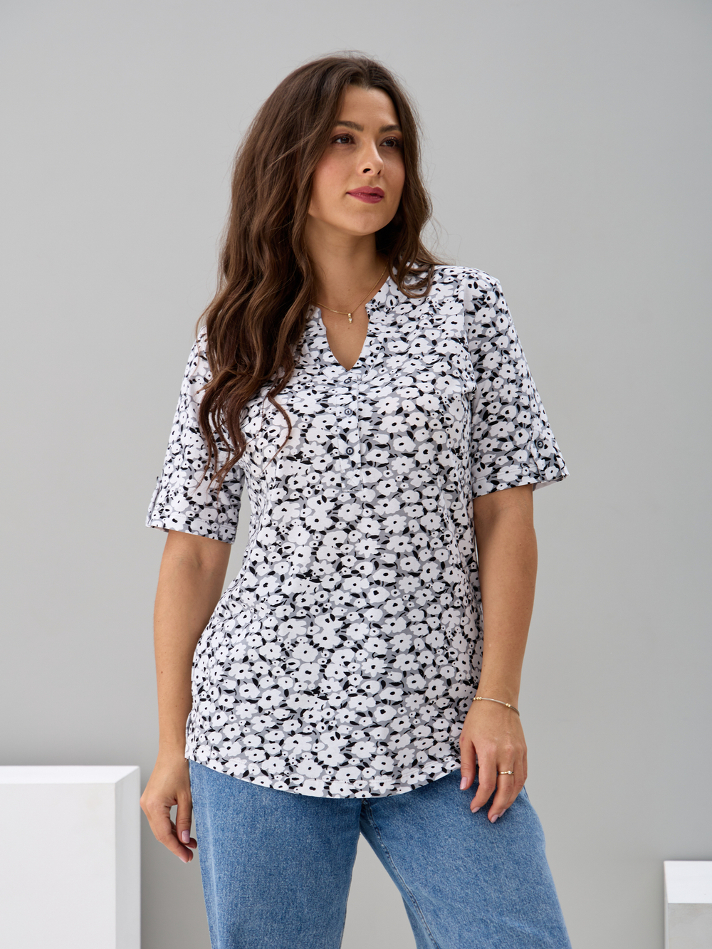 Блузка БЛ-122/серый-белыецветочки