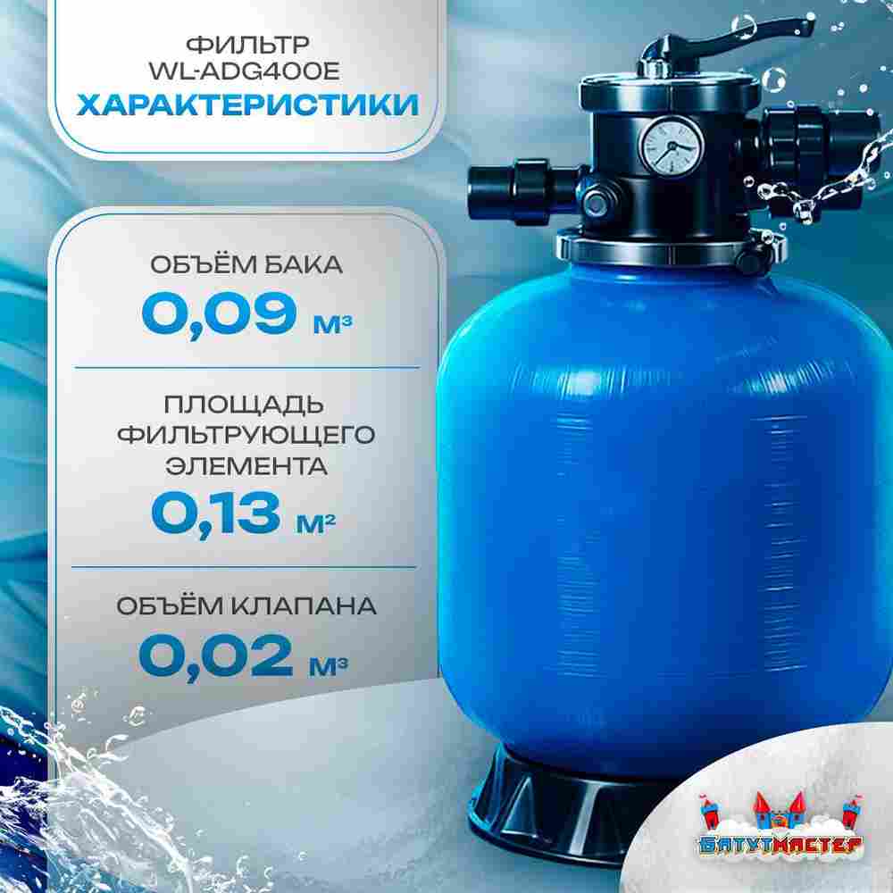 Песочный фильтр для бассейна до 52 м³ с насосом KP256, до 30 кг песка, 6,5 м³/ч, WL-ADG400Е