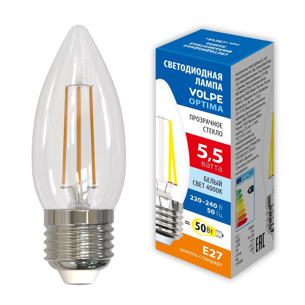 LED-C35-5.5W-4000K-E27-CL-SLF Лампа светодиодная. Форма свеча. прозрачная. Белый свет 4000K. ТМ Volpe