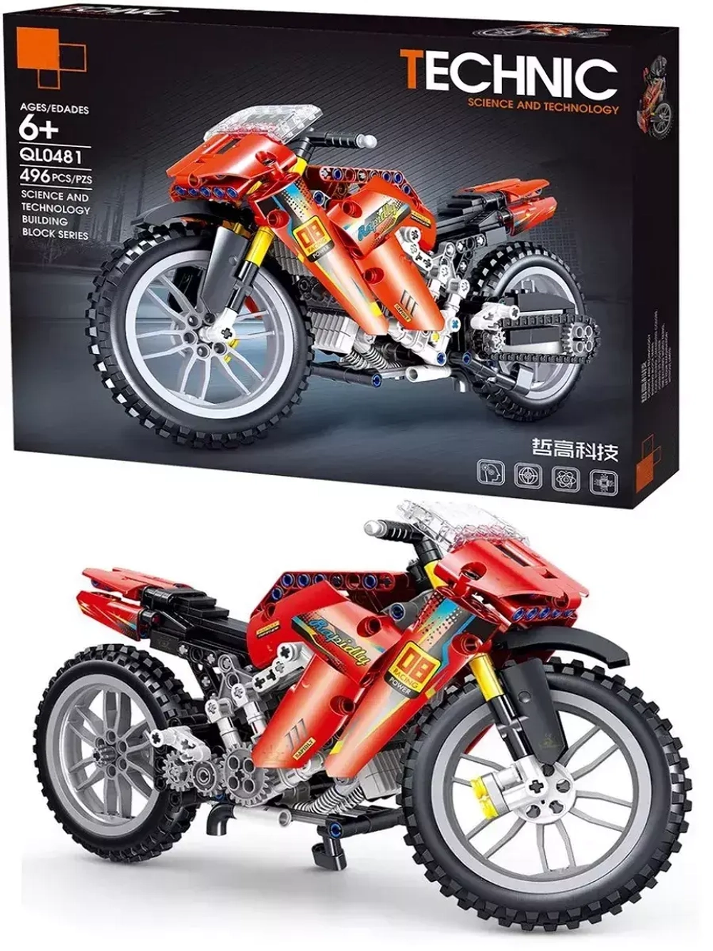 Конструктор Техник Красный мотоцикл 496 деталей QL0481