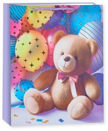 Пакет подарочный, Мишка с шариками, Дизайн №2, Металлик, 24*18*8,5 см.