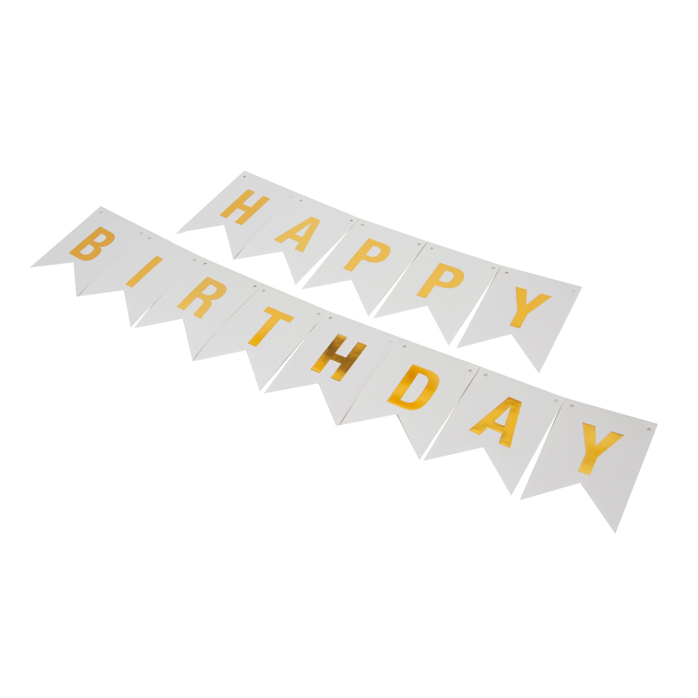 Гирлянда Флажки, Happy Birthday, Белый/Золото, Металлик, 500 см, 16*12 см