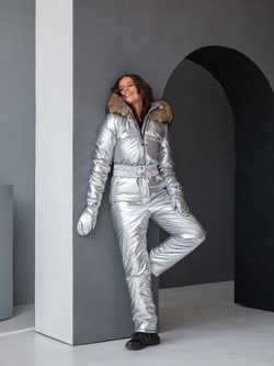 Premium серебристый металлик Комбинезон женский зимний