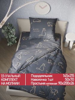 Постельное белье Полисатин Мечта "Котики на сером" 1,5-сп Наволочка 50х70 см 1 шт Простынь на резинке 90x200 смПододеяльник 145x215 см