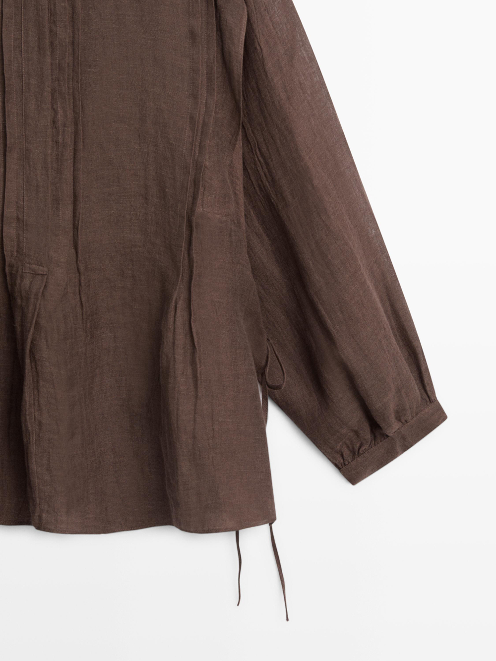 Massimo Dutti Свободная струящаяся льняная блузка с оборками., коричневый