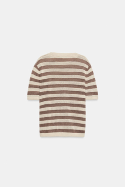 ZARA ТРИКОТАЖНЫЙ ТОП С КОРОТКИМИ РУКАВАМИ, ЭКРЮ/КОРИЧНЕВЫЙ
