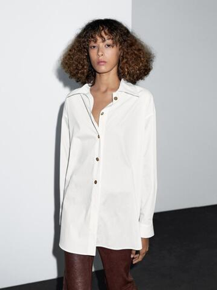 Massimo Dutti Рубашка из поплина с золотистыми пуговицами, белый