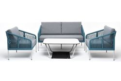 "Канны" лаунж-зона 4-местная из роупа со столом "Гранада" (молочный), каркас алюминиевый светло-серый, роуп бирюзовый