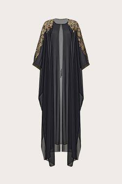 КЕЙП ИЗ ЧЕРНОГО ШЕЛКОВОГО ШИФОНА, ДЕКОРИРОВАННЫЙ ЛЮРЕКСНОЙ ВЫШИВКОЙ