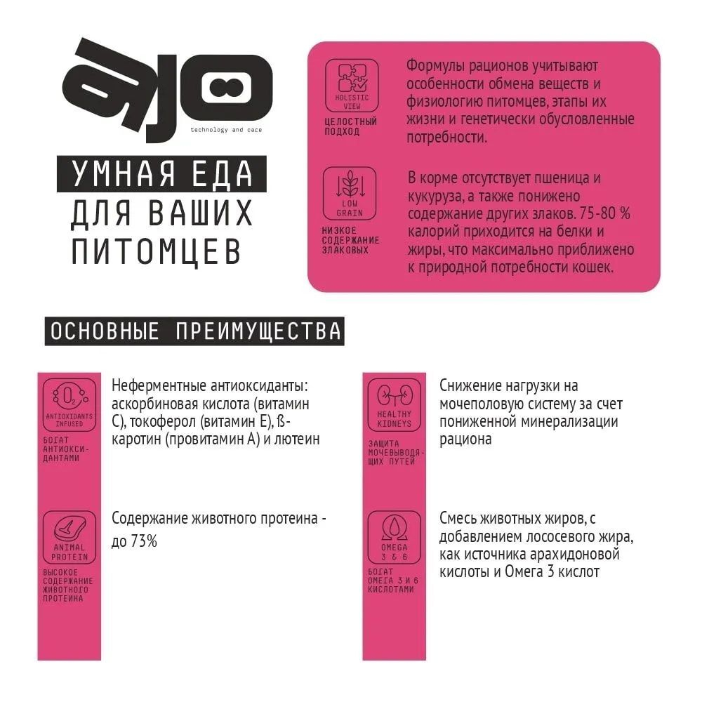 AJO Cat Skin & Hair корм для кошек здоровая кожа и красивая шерсть 0,4 кг