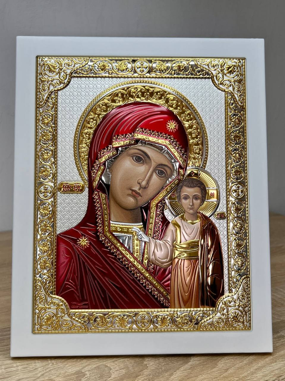Казанская БМ, икона прямоугольная с рамкой, белое дерево, эмаль 210х260