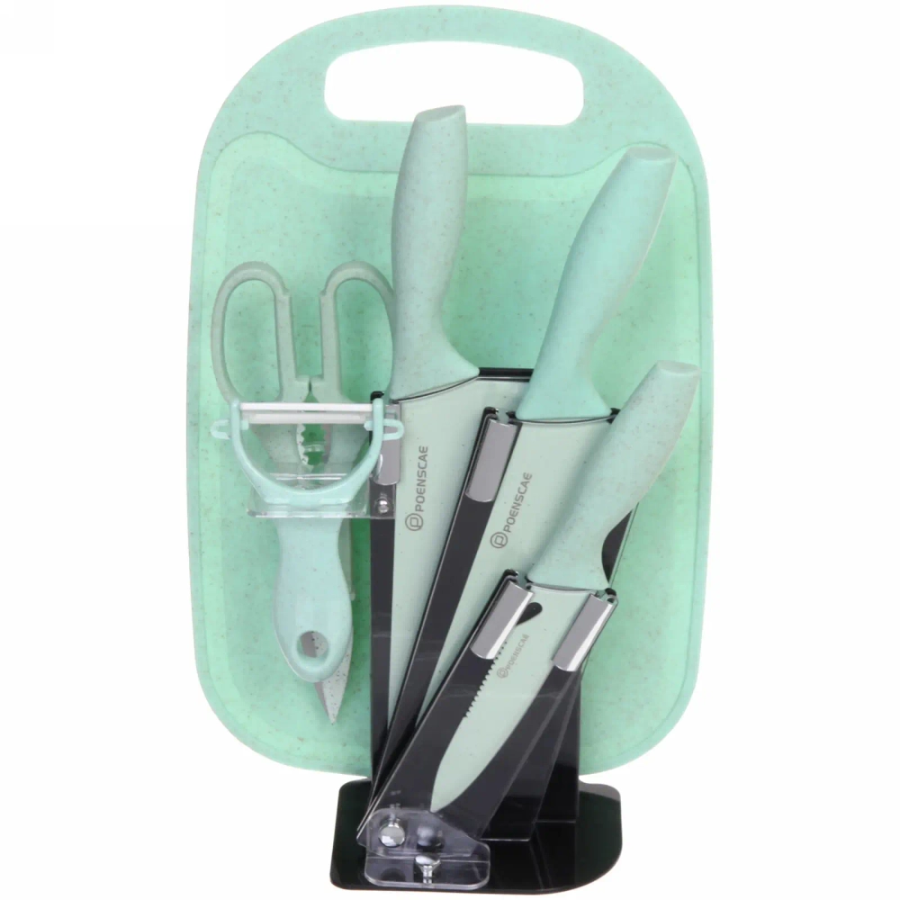 Набор ножей «DrowCook» 7предметов (3ножа+ножницы+овощечистка+доска+подставка) мятный