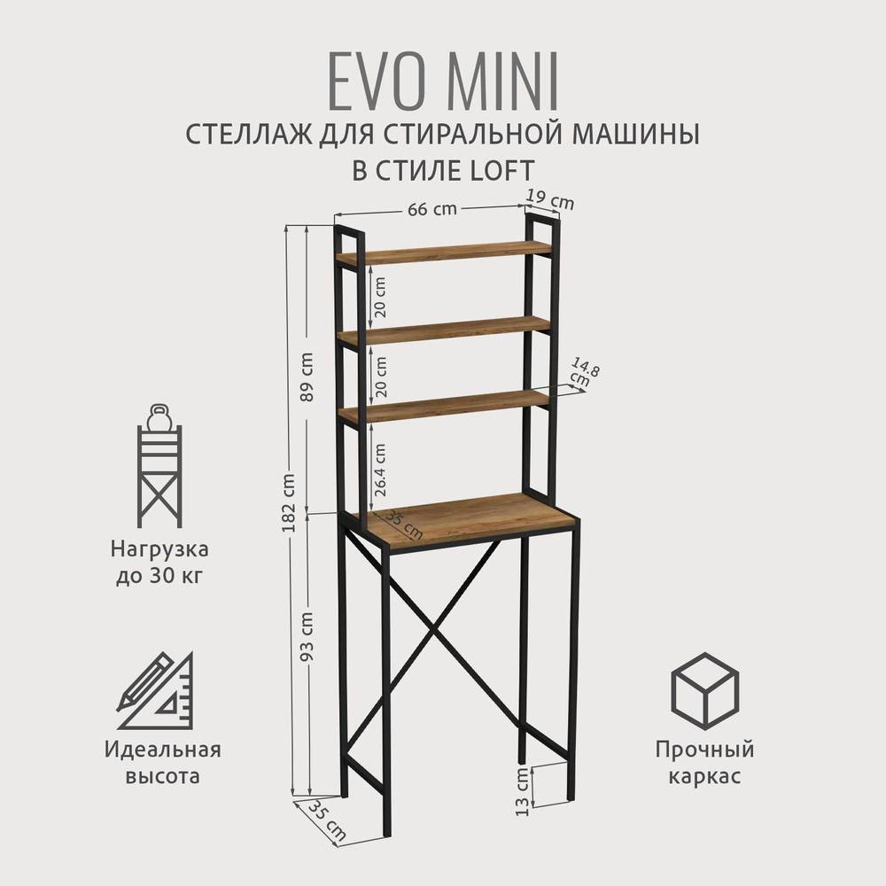 Стеллаж в ванную EVO mini loft,этажерка для стиральной машины, шкаф для ванной комнаты, 66х60х182 см, ГРОСТАТ