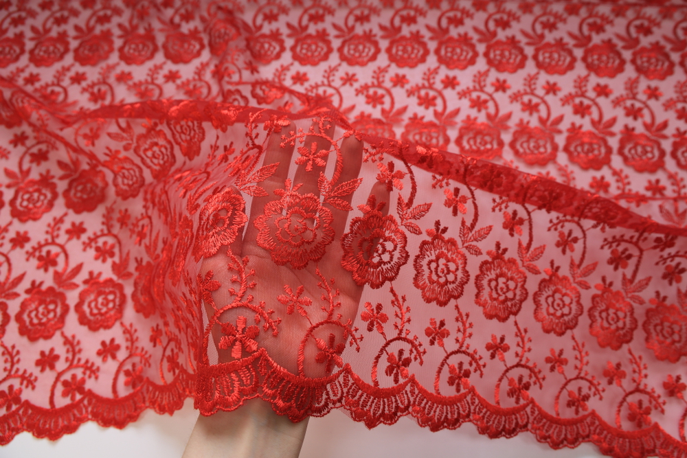 Вышивка на сетке красная