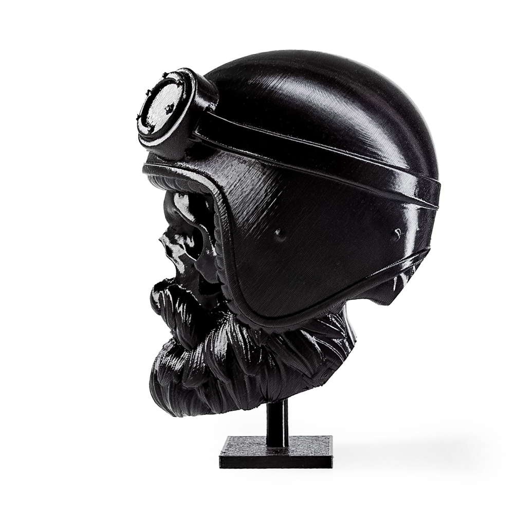 Бородатый череп в мотошлеме, фигурка для декора интерьера, арт-объект, коллекционный предмет, 3D печать, черный 12 см.