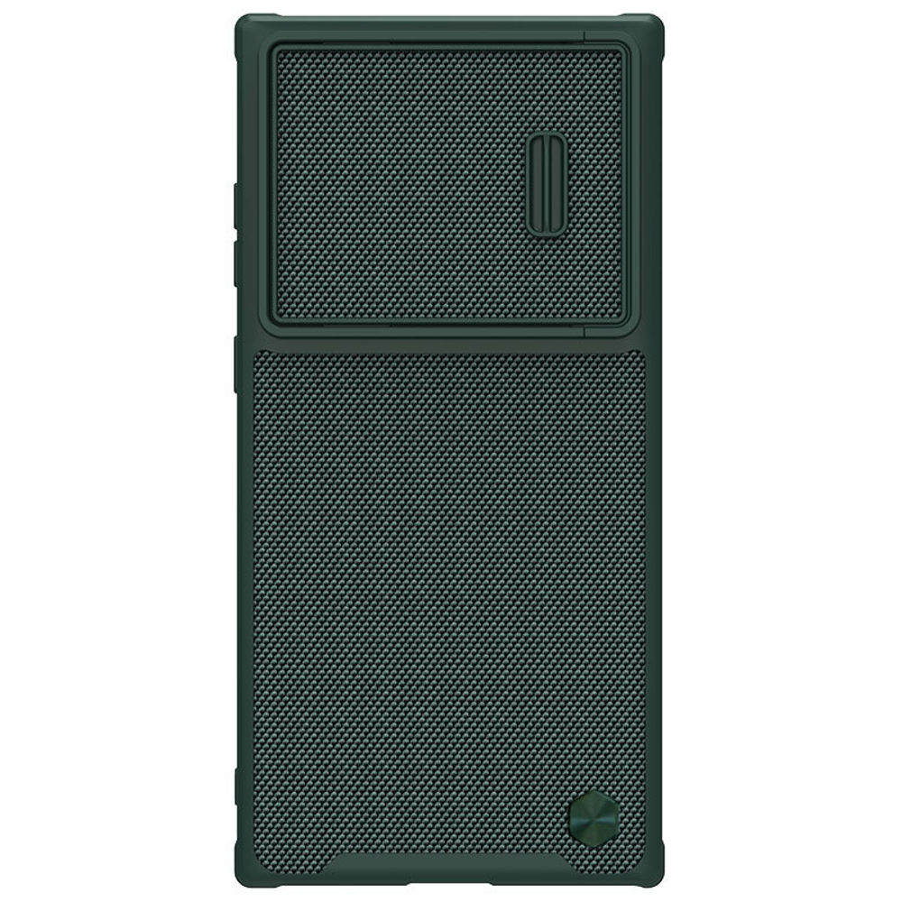 Чехол зеленого цвета от Nillkin для Samsung Galaxy S23 Ultra, серия Textured Case S (покрытие нейлонового волокна), полуавтоматическая механизм сдвижной шторки