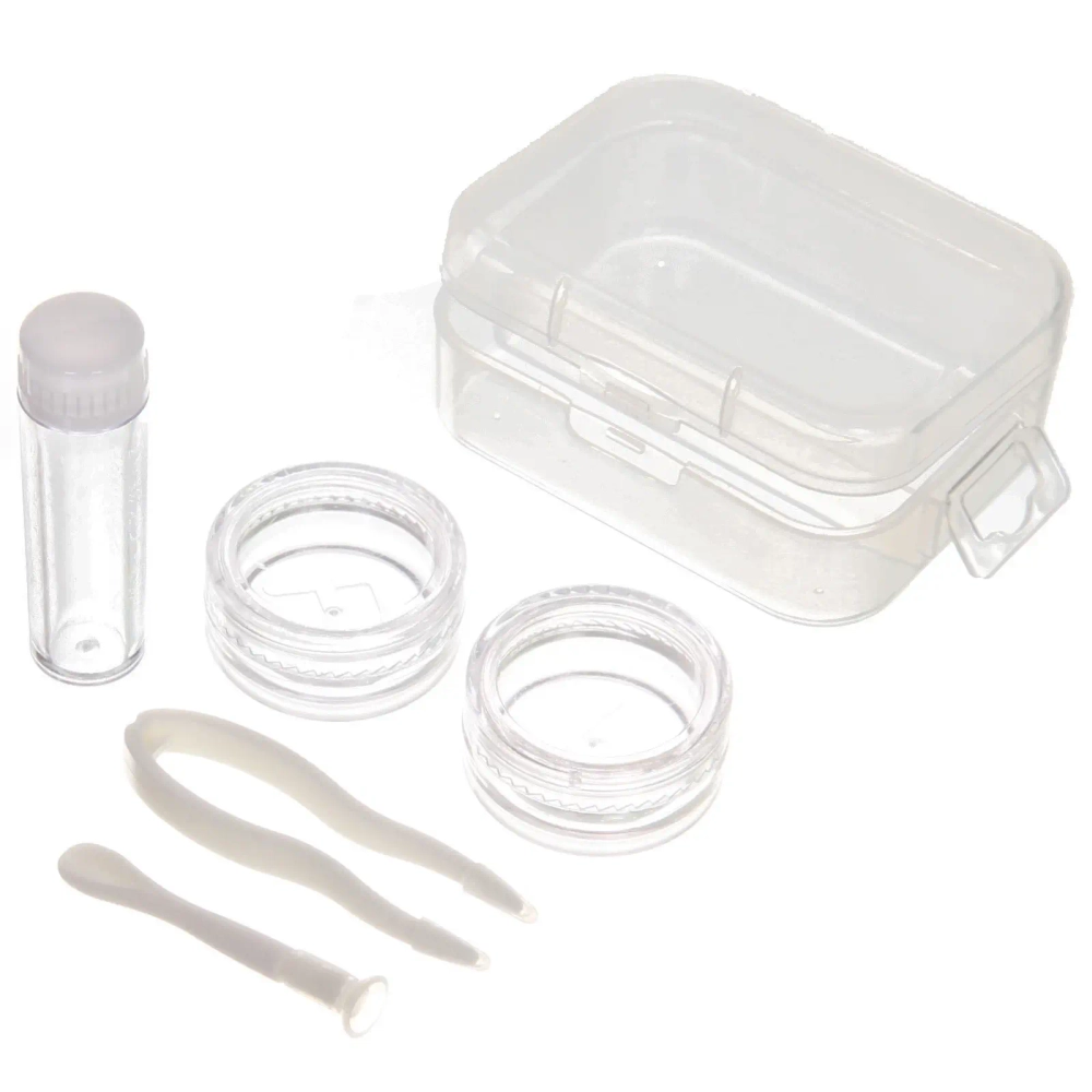 Набор для контактных линз, в футляре, 4 предмета, (контейнер, пинцет, одеватель, бутылка для раствора)