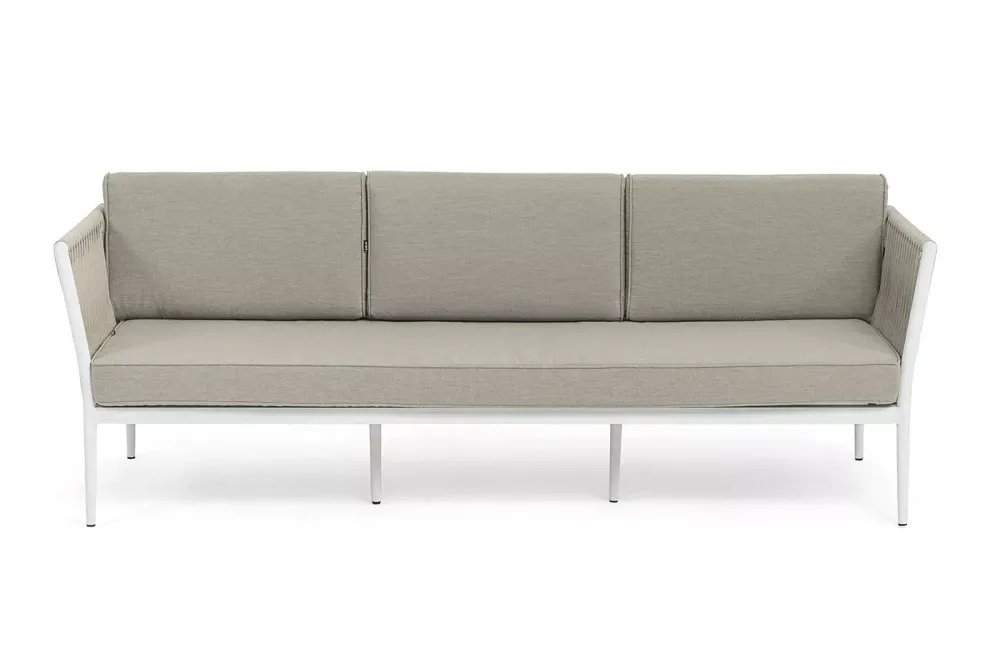 "Касабланка" диван 3-местный плетеный из роупа, каркас алюминий белый муар, роуп бежевый 20мм, ткань бежевая 052