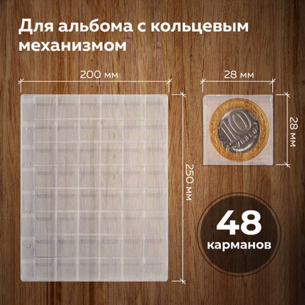 Листы-вкладыши для альбома "OPTIMA" на 48 монет d до 25 мм, КОМПЛЕКТ 10 шт., 200х250 мм, ПВХ, STAFF, 238086