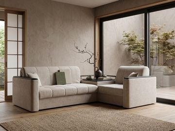 Диван угловой с Баром Неаполь 1,2 - Velutto 17 бежевый/ коричневая накладка