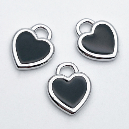 Подвеска Сердце, цвет серебро (родий)+черный, размер 15*13 мм, цена за 1 шт