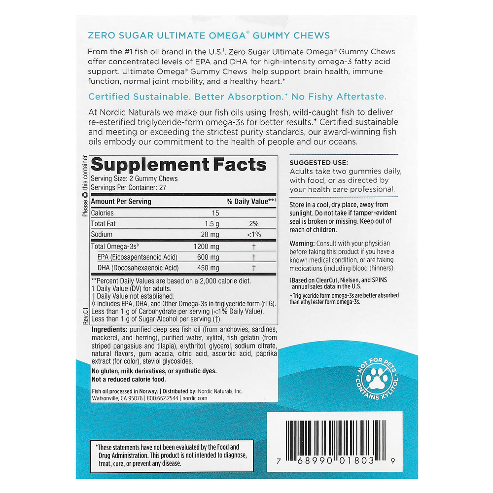 Nordic Naturals, Жевательные жевательные таблетки Ultimate Omega®, тропические фрукты, 1200 мг, 54 жевательные жевательные таблетки (600 мг в каждой жевательной таблетке)