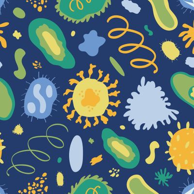 Яркие бактерии и вирусы на тёмно-синем фоне