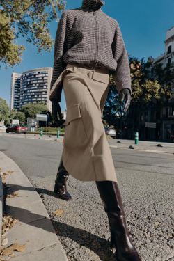 ZARA ЮБКА МИДИ КАРГО С РЕМНЕМ, ПЕСОЧНЫЙ