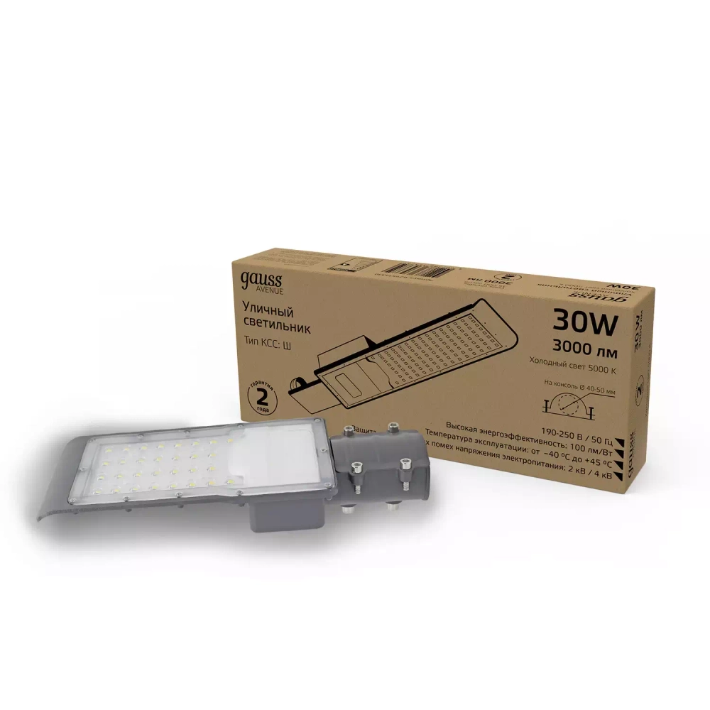 Св-к Gauss LED уличный  Avenue 30W 3000lm 5000K 190-250V IP65 316*130*57мм черн КСС "Ш" 629534330