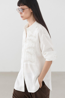 Massimo Dutti Рубашка из 100% льна с декоративной отделкой на груди, белый