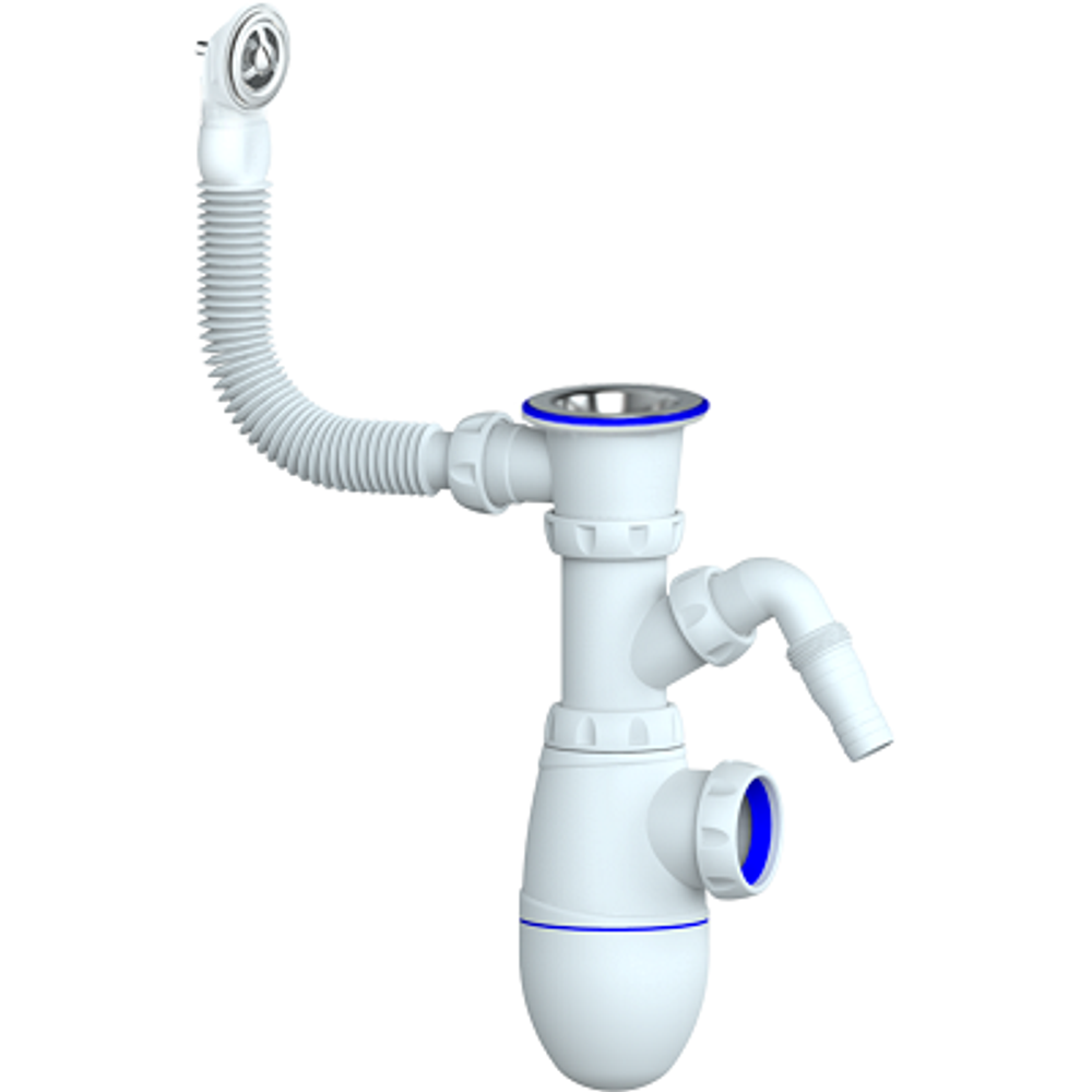 Сифон для мойки с круглым переливом, отвод для стиральной/посудомоечной машины,без отвода в канализацию UNICORN В441V