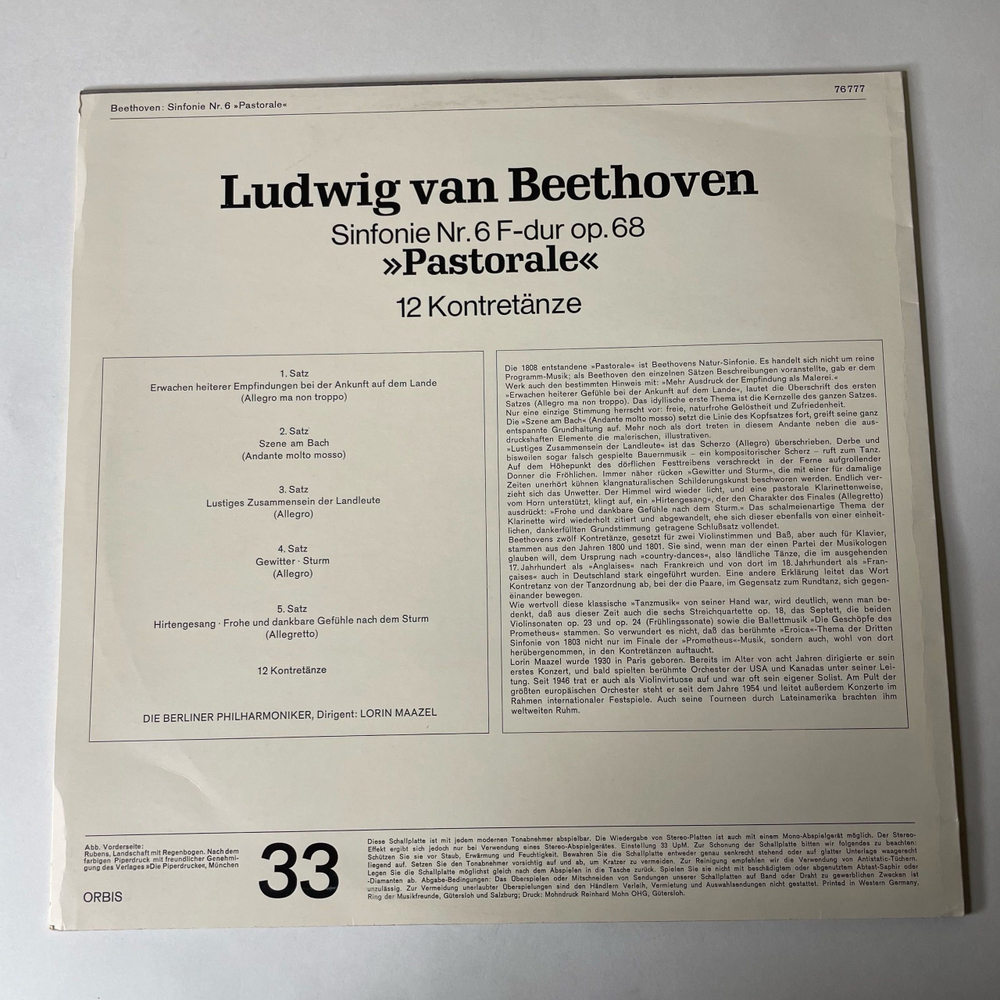 Винтажная виниловая пластинка LP Beethoven Бетховен, Berliner Philharmoniker, Lorin Maazel Sinfonie Nr.6 Pastorale 12 Kontretanze (Германия 1982)