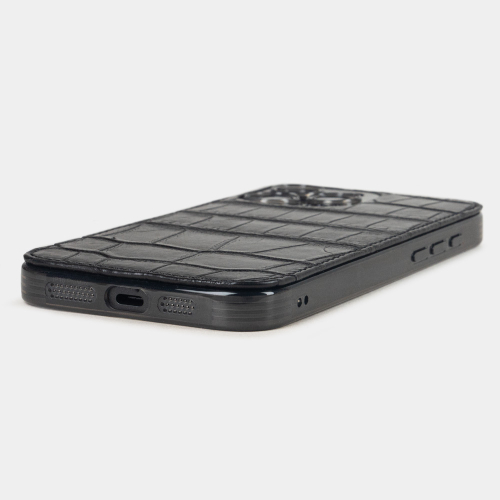 Чехол-накладка кожаная для iPhone 16 Pro Max, аллигатор черного цвета