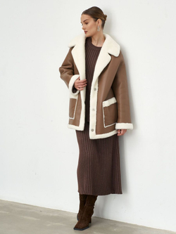 Двусторонняя дубленка из овечьей шерсти тедди чебурашка, капучино, SilverFox