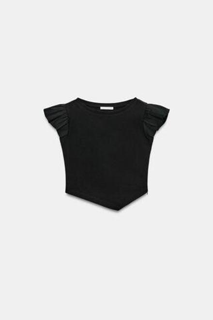 ZARA ФУТБОЛКА С КОРОТКИМИ РУКАВАМИ И ВОЛАНАМИ, ЧЕРНЫЙ