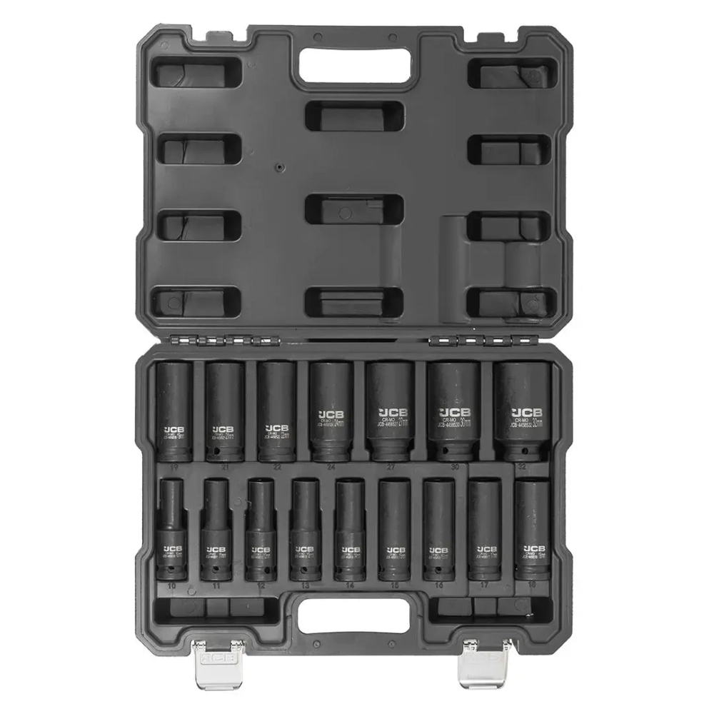 Набор головок ударных глубоких, 16пр.(6-гр),1/2''(10-19, 21, 22, 24, 27, 30, 32мм),в пласт.кейсе JCB JCB-4169-5MPB